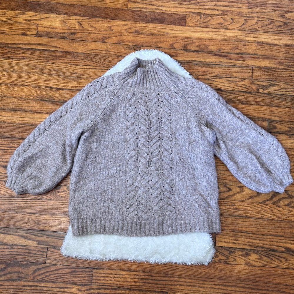 MSCH Wool-Alpaca Caren H-Cable Balloon Sleeves Pullover Sweater Oatmeal Sz M/L